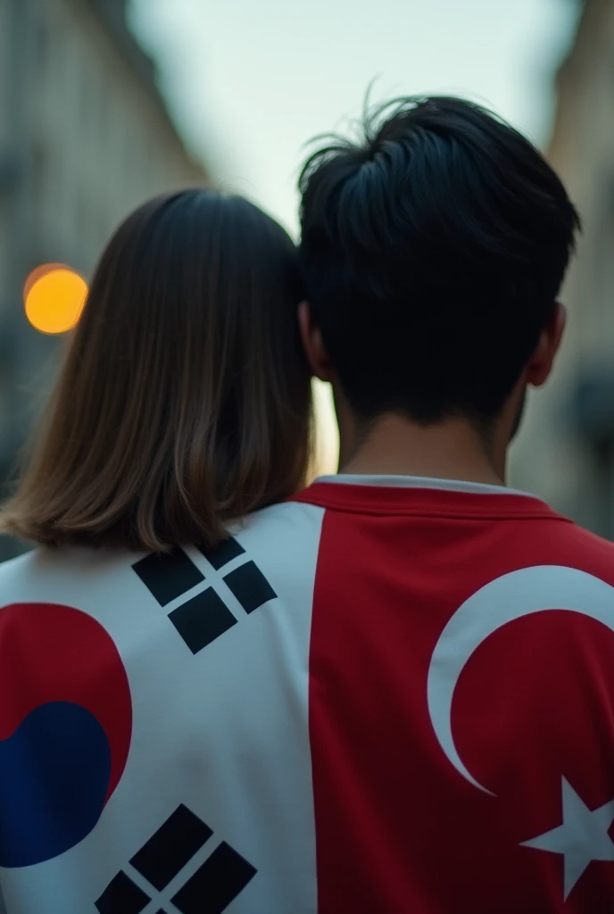 Woman and a man picture taken from the back. No faces are used. Korean and turkish flag can be used. woman has middle straight hair, man has short black straight hair