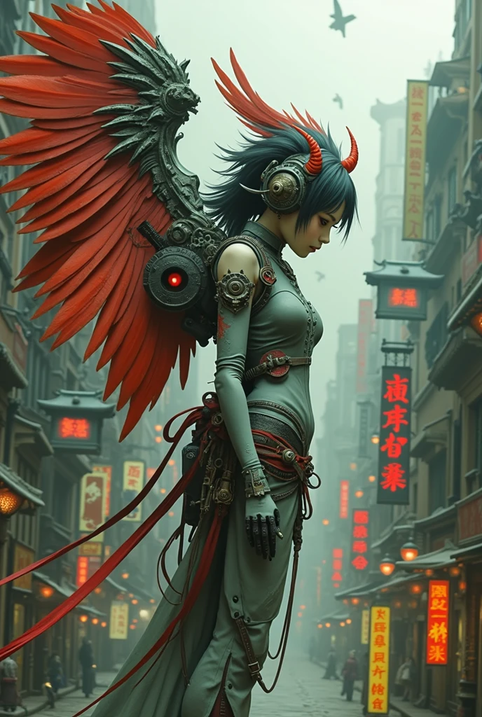 Chinese ink style,Steampunk world,Carved steampunk warframe girl,giant mechanical wings,Jet steam is suspended in the city air,Ink animation art,Ink comic art,water ink,ink,Smudge,8K,Delicately portrayed,Works of masters,Blood-red tones fantasy,whiteskin,whitepeople,blank background,light effect,wide_shot,lens_flare