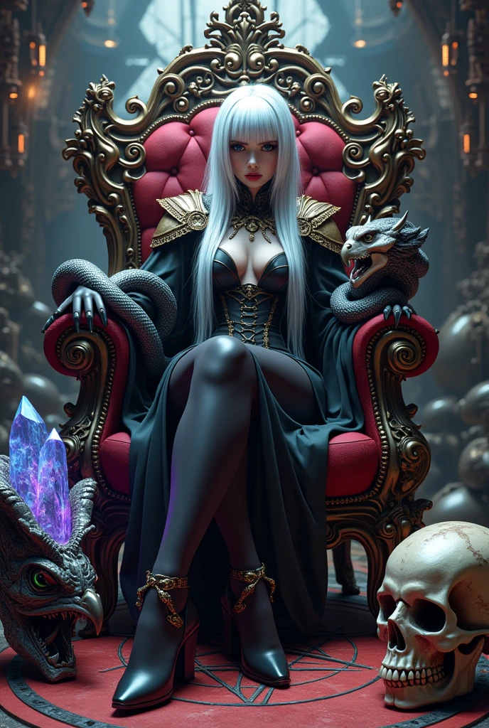 Surreal Very detailed Ultra Fantasy Ultimate Details Ultra-high resolution 8K 32k 3D Clear Eyes Silver Hair Sit on a chair A hawk sits on a skull Holding a demonic skull in his left hand Assassin A giant snake coils around your arm Dragon head with shoulder pads facing outwards mechanical engineering Mechanic Art . intricate and elaborate design, money, gold Silver Silver Red Black-purple Dynamic pose Robotics Cinema Lighting Demonic Spell Aura Sit on a chair Magic circle design A large, luxurious amulet made of gold Vivid Color Mysterious shotgun in right hand Girl Place a glowing blue-purple crystal with a pentagram symbol on your lap A gorgeous, devilish and cool tiara The ultimate mysterious design Satanism Demonic Armor Shooting from an angle Mysterious Chair