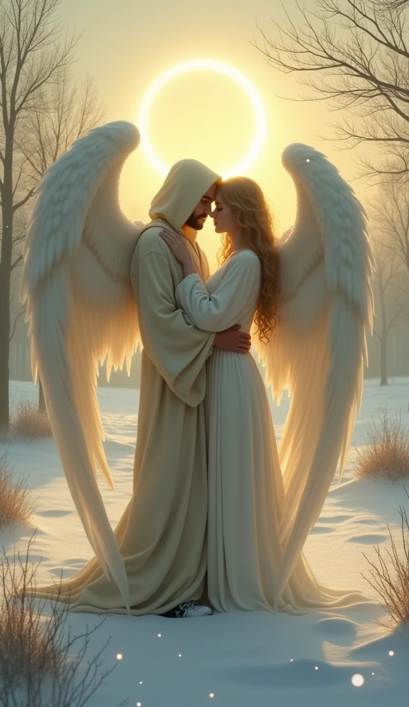 "Two celestial beings embrace tenderly on a snowy landscape, their large, ethereal wings enveloping them in a protective cocoon. One figure is cloaked in a long, flowing robe with a hood, obscuring their face, while the other, with golden hair, rests gently against them. The scene is illuminated by a soft, golden light from a setting sun, with a halo-like ring glowing in the sky behind them, creating an atmosphere of serenity and divine love. Snowflakes drift down gently, adding to the peaceful and intimate mood of the moment. The background features a sparse line of bare trees, blending into the soft golden hues of the horizon."