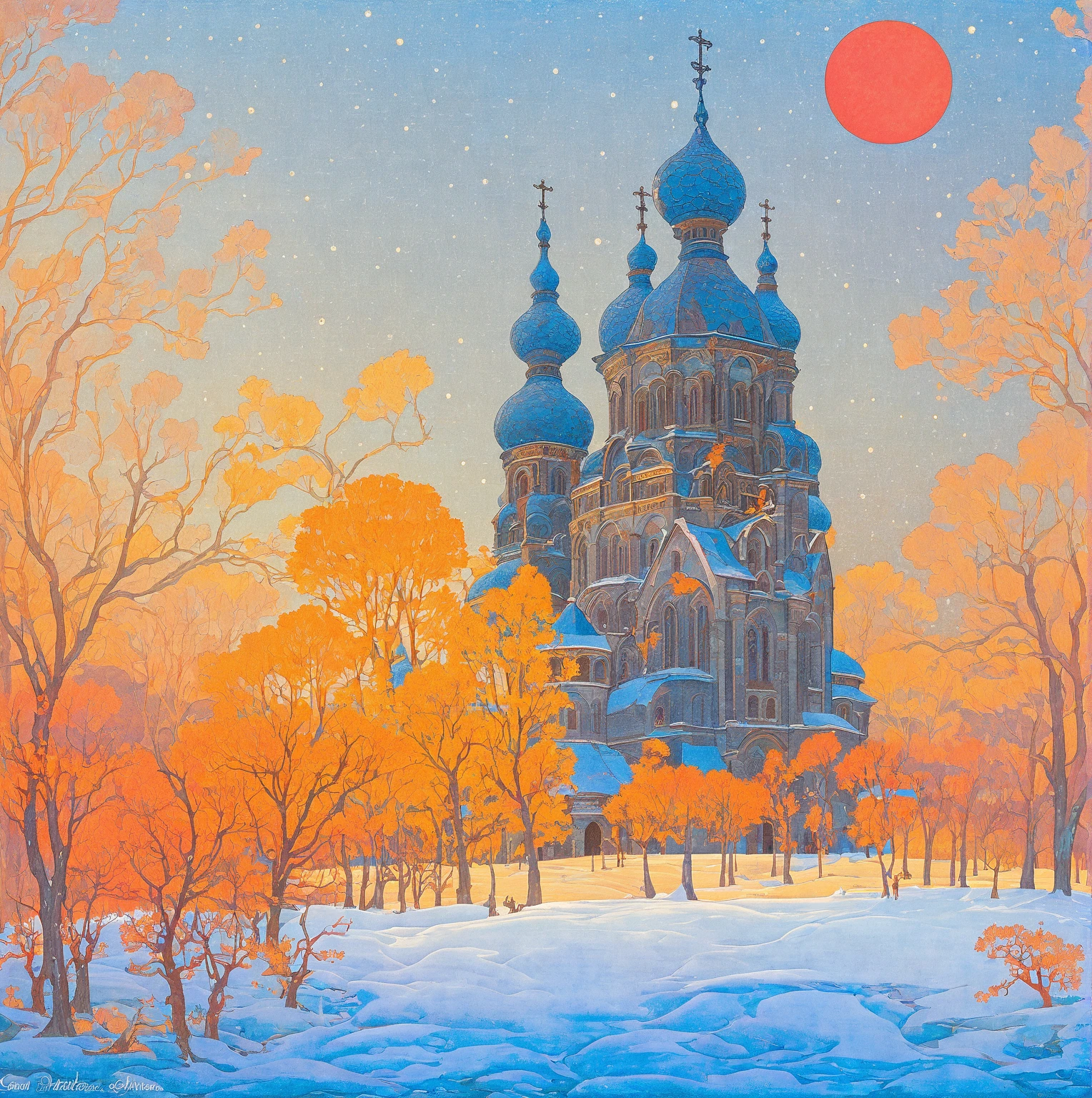 A picture of a church under the red moon, Ivan Bilibin (Ivan Bilibin) of inspiration, slav epic, Inspired by Igor Grabar (Igor Grabar), cathedral of the sun, inspired by Yuri Ivanovich Pimenov, beeple and alphonse mucha, Alexander Deneca, inspired Alexander Deneca, 受到 Andrey Esionov of inspiration