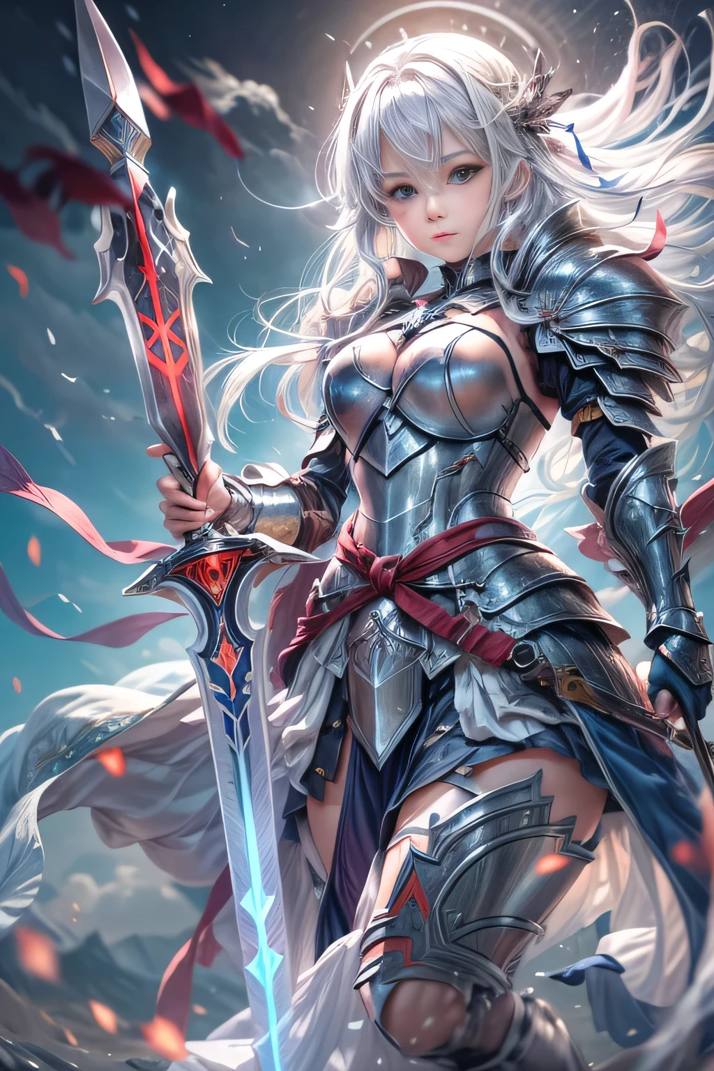 A female knight recognized by the legendary holy sword Excalibur、With the protection of the spirit of light, it emits an aura of light.、8k.Half Russian and half Japanese、Russian face、beautiful girl、princess、、Small face、Young face、Big eyes、Skinny、Small breasts、（（（Silver Hair、Silver Hair）））、With bangs、（（（High resolution big beautiful light blue glowing eyes, ）））、Shortcuts、Bobcut、（（（Red ribbon in hair、Floral decoration）））、Partially braided、Transforms into an armored knight at the call of the holy sword Excalibur.、Large sword、A holy sword that emits a pale blue light、（（god々He holds up his sword, shining a deep blue, to the sky.））、god々A sword that shines brilliantly、Shield of Light、Armor of Light、fantasy landscape、Fantasy、（Battle with the Dark Knight、Fighting the Demons、Fighting the beastmen）A dragon knight riding a flying dragon through the sky、The sword swings down, leaving a trail of light in its wake.