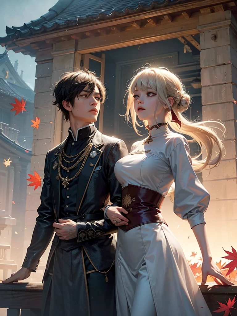 Official Art, Unity 8k Wallpaper, Extremely Detailed, Beautiful and Aesthetic, Masterpiece, Best Quality, (Zen Dispute, Mandala, Dispute, En Dispute), (Fractal Art:1.3), 1 Couple, Extremely Detailed, Dynamic Angle, Cowboy Shot, The Most Beautiful Form of Chaos, Elegant, Barbarian Design, Vibrant Colors, by James Jean, Robby de Ville, Antonio Ross, French Bacon, Cold Weather, Adrian Genius, Petra Koreit, Gerhard Richter, Takato Yamamoto, Ashley Wood, Atmospheric, Ecstasy of Notes, Flowing Notes Clearly Visible, a Couple Feeling Sad After Breaking Up, Back to Back, in Autumn Afternoon with Falling Red Maple Leaves