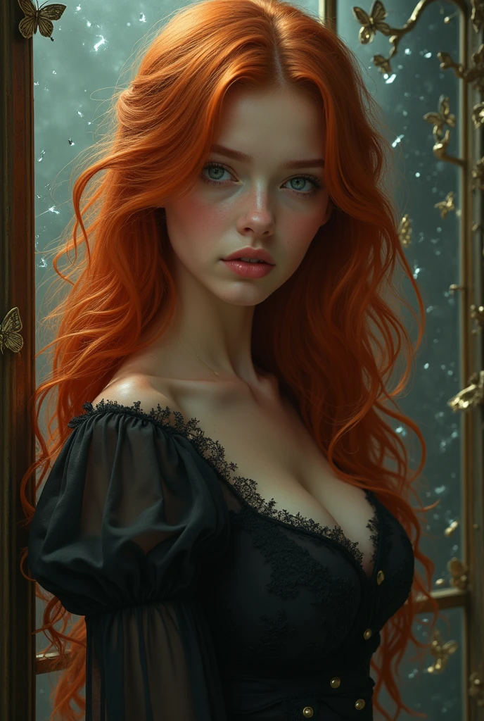 (solo, full body photo:1.3), (action packed:1.3), (haze, fog, mist:1.3), chiaroscuro, best quality, photorealistic, 1woman, (cute), (24yo:1.2), redhead, long ginger hair highly detailed, 1700'S, digital photography, art by artgerm and ruan jia and greg rutkowski surreal painting gold butterfly filigree, broken glass, (masterpiece, sidelighting, finely detailed Fashionable eyes: 1.2) (perfect oval large eyes that gazes at the viewer), beautiful detailed face, blue gorgeous perfect eyes, (blonde hair ponytail), (attractive young woman:1.3), (thick amazing hair), (seductive:1.1), (blushing:1.1)