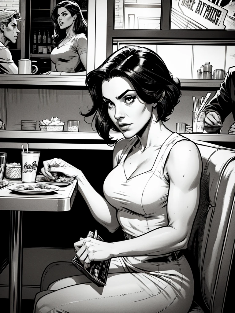 black and white comic book image of a woman sitting in a diner with her boyfriend