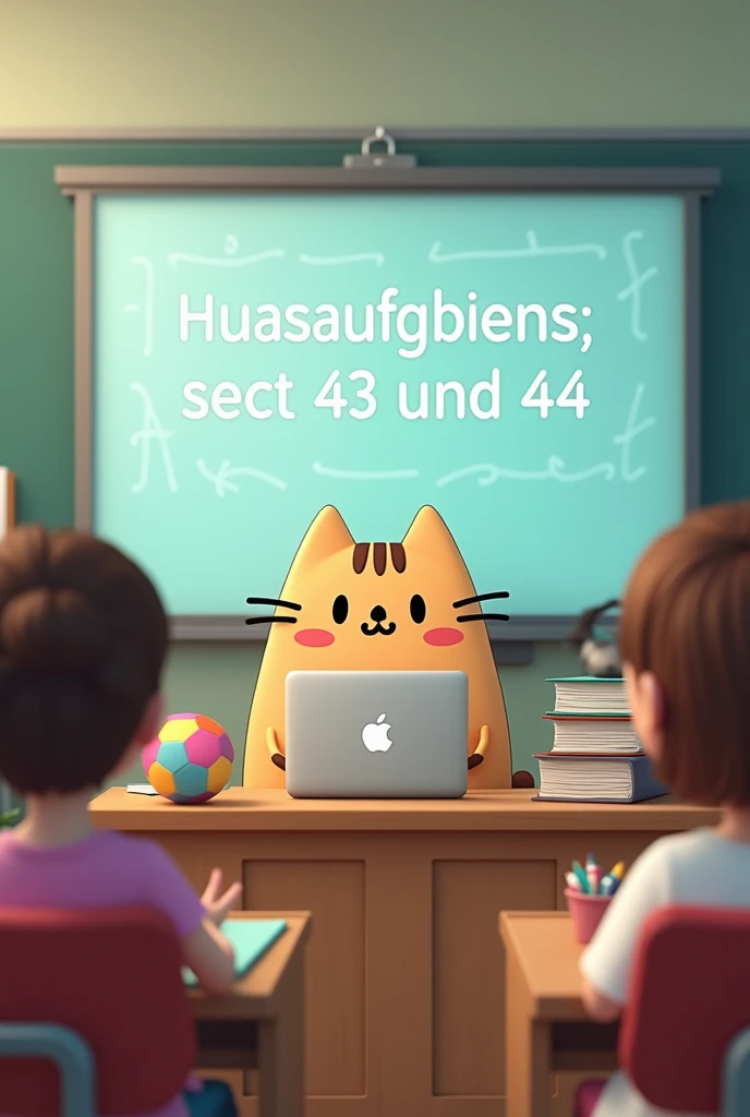 Create an image of a young female teacher as the character Pusheen sitting in a B2 German language class. She is sitting at her desk with a silver MacBook, a few books, and a medium colorful ball on the desk. Behind her is an big elektro smartboard with written hausaufgabes: seit 43 und 44 on it, and there are many students 20 years old in the class