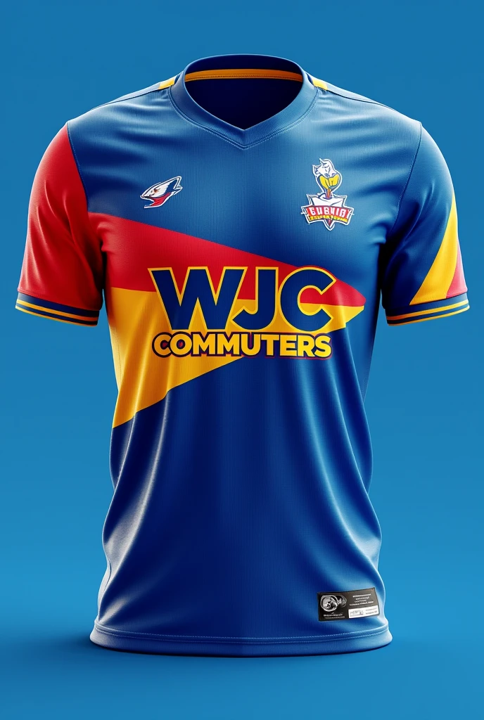 A blue Jersey with red and yellow colours with the words WJC Commuters to the left and a small pelican in no frame on the right