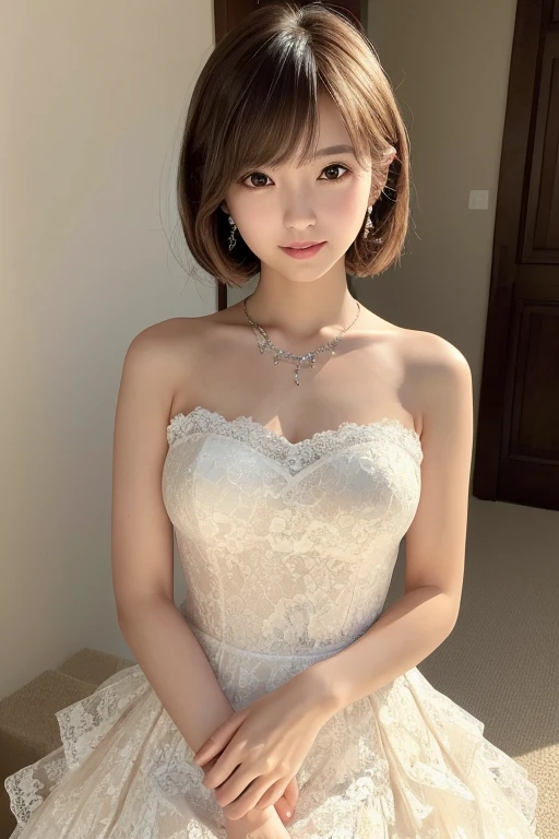 (((masterpiece))), ((photo realistic:1.2)), full body, flat chest, Japanese girl, (no makeup, broad jawline, puffy face), Lace tiered dress, very light brown hair, Bobcut, messy hair,laugh out loud, earrings, necklace