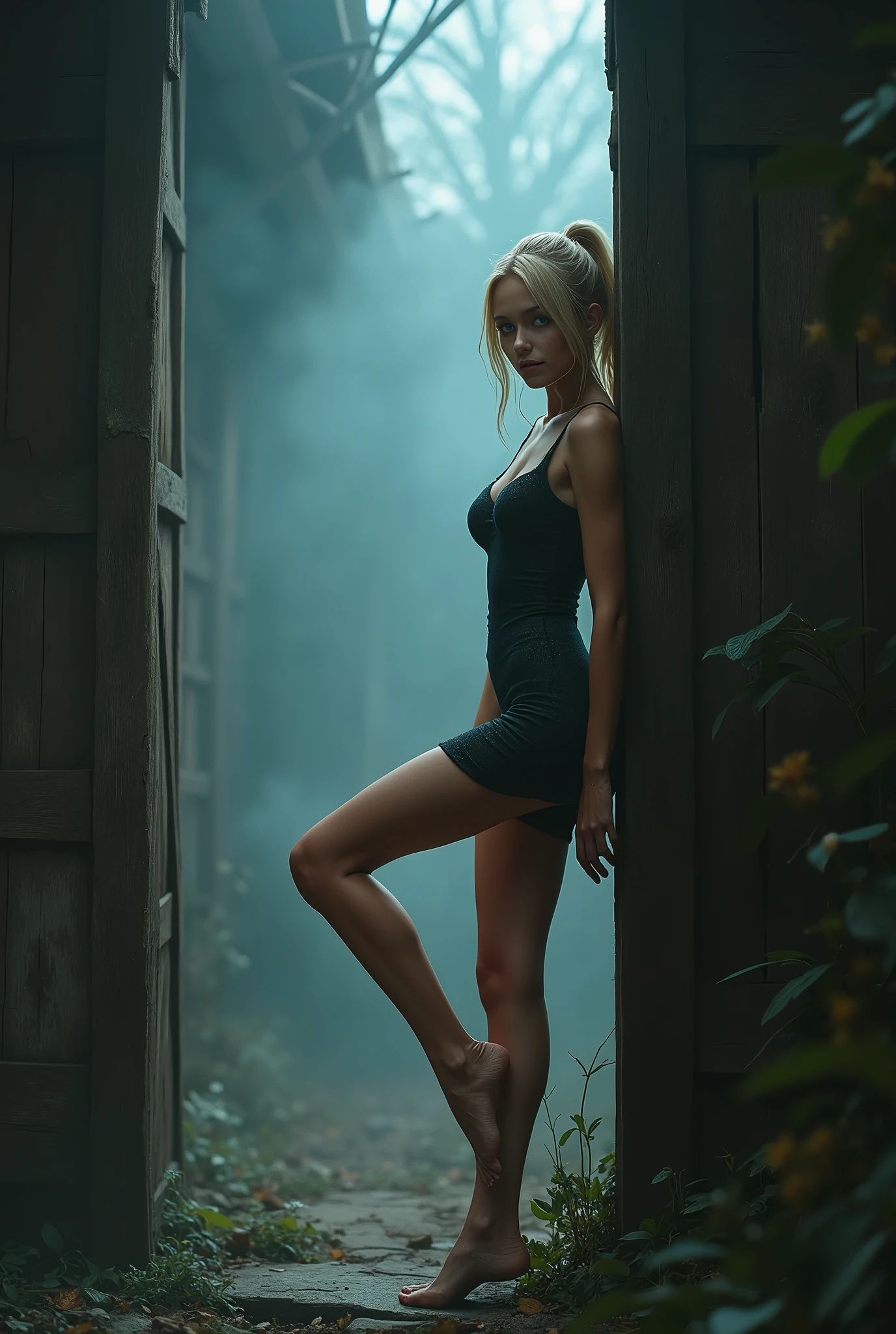 fantasy, mistery, cold foggy ambient, ancient age, a beautiful woman, slim woman, skinny figure, small breasts, full body, 3, light blonde hair in a ponytail, tight mini dress, in a wooden hutt, leanning on a wood wall, one foot on the wall, detailed clothes, small size breasts, modeling expressions, beautiful blue eyes, foggy