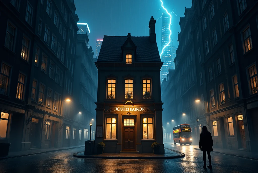 symmetrical image, old europe street, midnight, small hostel building, two floors, text says " HOSTEL BAIRON", hostel sandwitched beetween two high buildings, old london style, light rain, lightning, megapolis blurred lights on background, tourist bus driving away, girl standing close on right silloutte