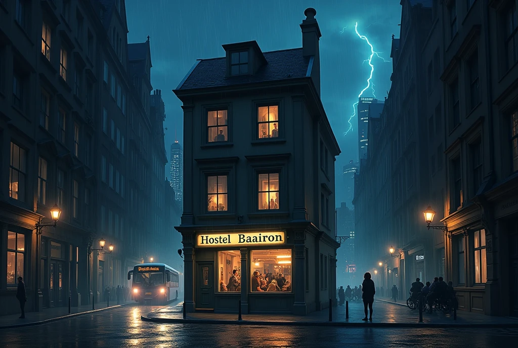 symmetrical image, old europe street, midnight, small hostel building, two floors, text says " HOSTEL BAIRON", hostel sandwitched beetween two high buildings, old london style, light rain, lightning, megapolis blurred lights on background, tourist bus driving away, girl standing close on right silloutte