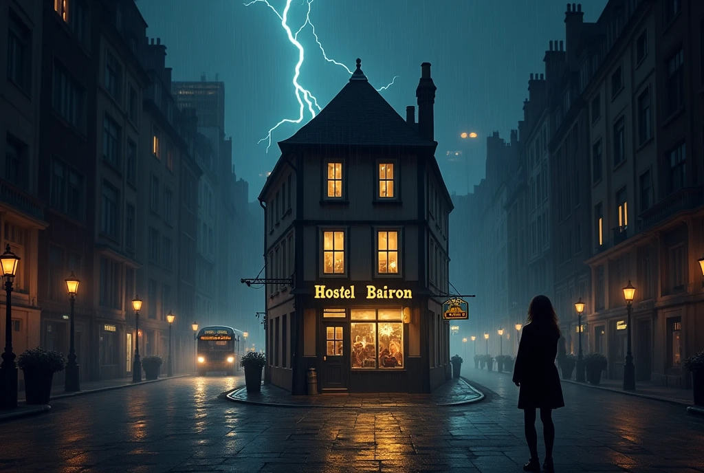 symmetrical image, old europe street, midnight, small hostel building, two floors, text says " HOSTEL BAIRON", hostel sandwitched beetween two high buildings, old london style, light rain, lightning, megapolis blurred lights on background, tourist bus driving away, girl standing close on right silloutte