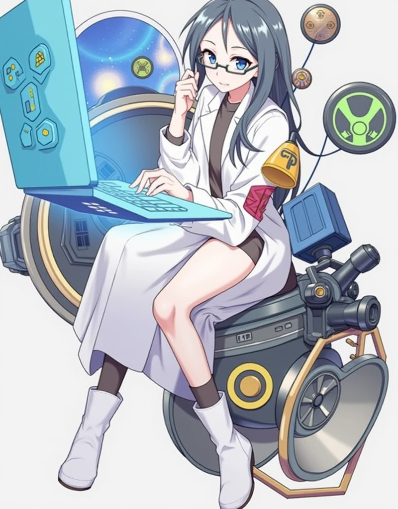 anime girl wearing glasses with ponytails sitting on machine with laptop and space in background, (ponytail forehead hair pulled back:1.3), (black hair:1.3), anime girl of the future, alchemist girl, labcoat, portrait anime space cadet girl,anime style, from girls frontline, fine details. girls frontline, girls frontline universe, girls frontline style, girls frontline, girls frontline cg, soft anime illustration, 2 0 2 2 anime style, 2022 anime style, pixiv contest winner, pretty anime character design, render of april Estimate