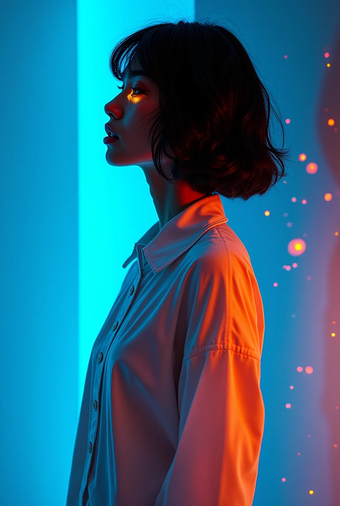 ashion editorial photography, medium shot of a japanese model,Blue background,Orange contrast,Tech patterns, Dynamic silhouette, Virtual devices, Light effects and particles, Futuristic typography, Dynamic movement,Abstract geometry