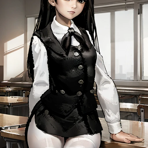 masterpiece, high quality, girl in school skirt and white tights, beautiful figure, slender legs, thin waist, black hair, shirt & vest, stands in the classroom, sexy legs