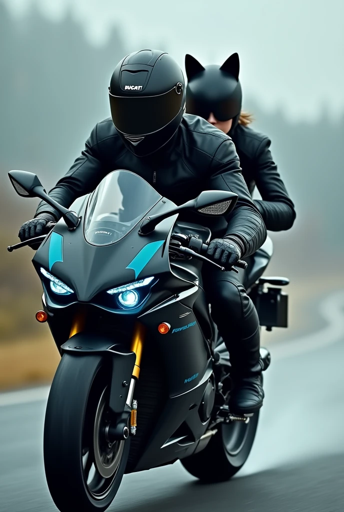 A man in motorcycle gear and helmet riding a black Ducati Panigale V4 with blue details and a woman on the back in motorcycle gear and helmet with black cat ears, only the woman wears the cat ears.