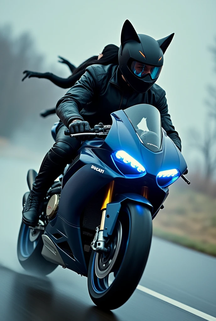 A man in motorcycle gear and helmet riding a black Ducati Panigale V4 with blue details and a woman on the back in motorcycle gear and helmet with black cat ears, only the woman wears the cat ears.