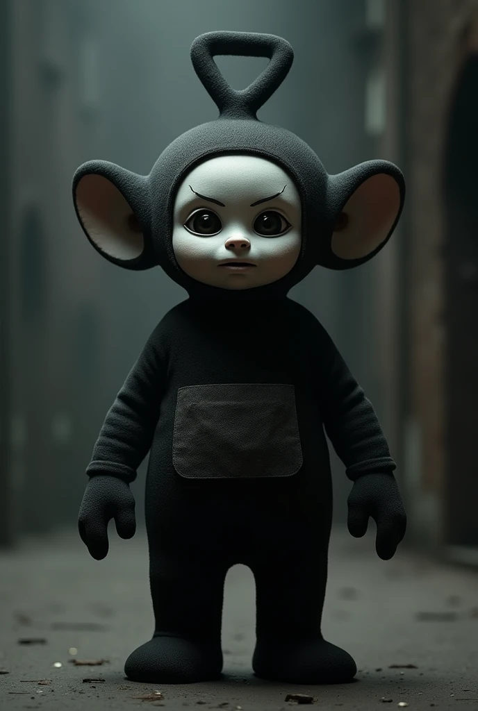 Angry teletubbie dressed in black with a circle on his head