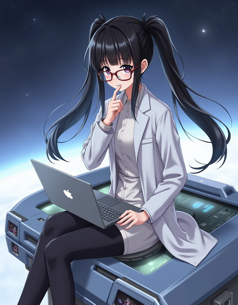 anime girl wearing glasses with ponytails sitting on machine with laptop and space in background, (ponytail forehead hair pulled back:1.3), (black hair:1.3), anime girl of the future, alchemist girl, labcoat, portrait anime space cadet girl,anime style, from girls frontline, fine details. girls frontline, girls frontline universe, girls frontline style, girls frontline, girls frontline cg, soft anime illustration, 2 0 2 2 anime style, 2022 anime style, pixiv contest winner, pretty anime character design, render of april Estimate