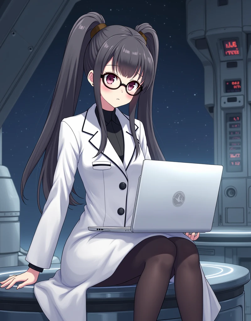 anime girl wearing glasses with ponytails sitting on machine with laptop and space in background, (ponytail forehead hair pulled back:1.3), (black hair:1.3), anime girl of the future, alchemist girl, labcoat, portrait anime space cadet girl,anime style, from girls frontline, fine details. girls frontline, girls frontline universe, girls frontline style, girls frontline, girls frontline cg, soft anime illustration, 2 0 2 2 anime style, 2022 anime style, pixiv contest winner, pretty anime character design, render of april Estimate