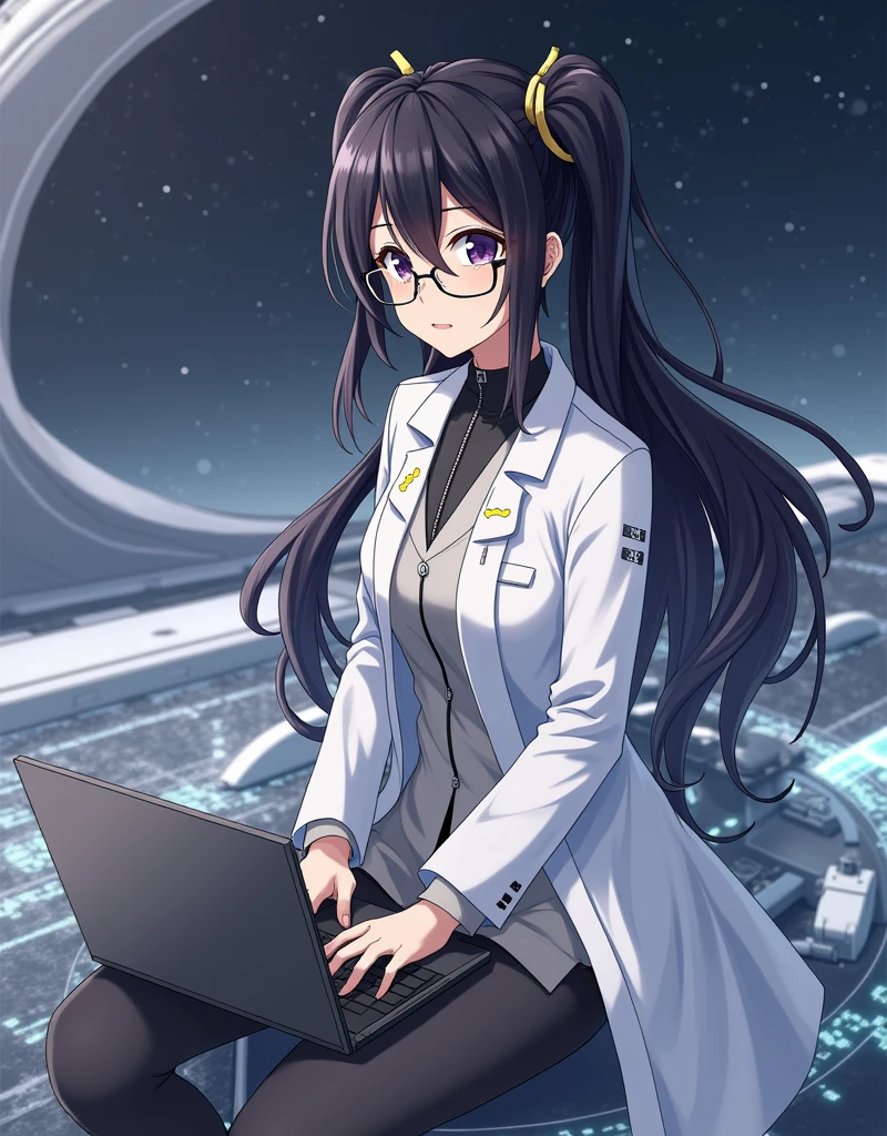 anime girl wearing glasses with ponytails sitting on machine with laptop and space in background, (ponytail forehead hair pulled back:1.3), (black hair:1.3), anime girl of the future, alchemist girl, labcoat, portrait anime space cadet girl,anime style, from girls frontline, fine details. girls frontline, girls frontline universe, girls frontline style, girls frontline, girls frontline cg, soft anime illustration, 2 0 2 2 anime style, 2022 anime style, pixiv contest winner, pretty anime character design, render of april Estimate