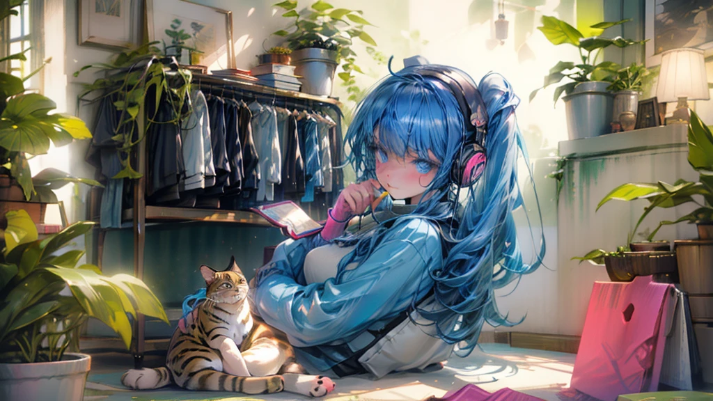A age girl sits with a cat.,Listening to music happily,In a quiet room filled with plants and cute decorations.