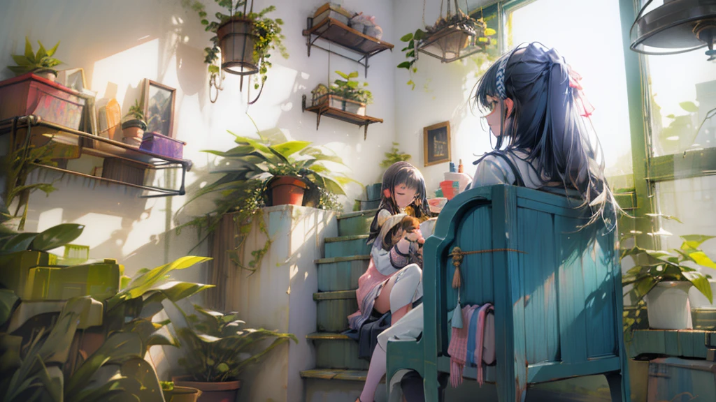 A age girl sits with a cat.,Listening to music happily,In a quiet room filled with plants and cute decorations.