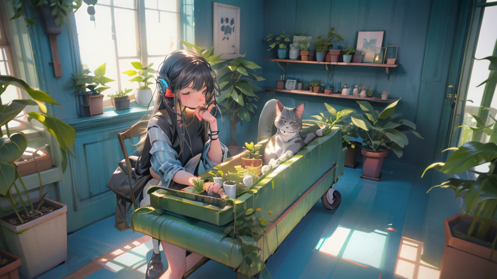 A teenage girl sits with a cat.,Listening to music happily,In a quiet room filled with plants and cute decorations.