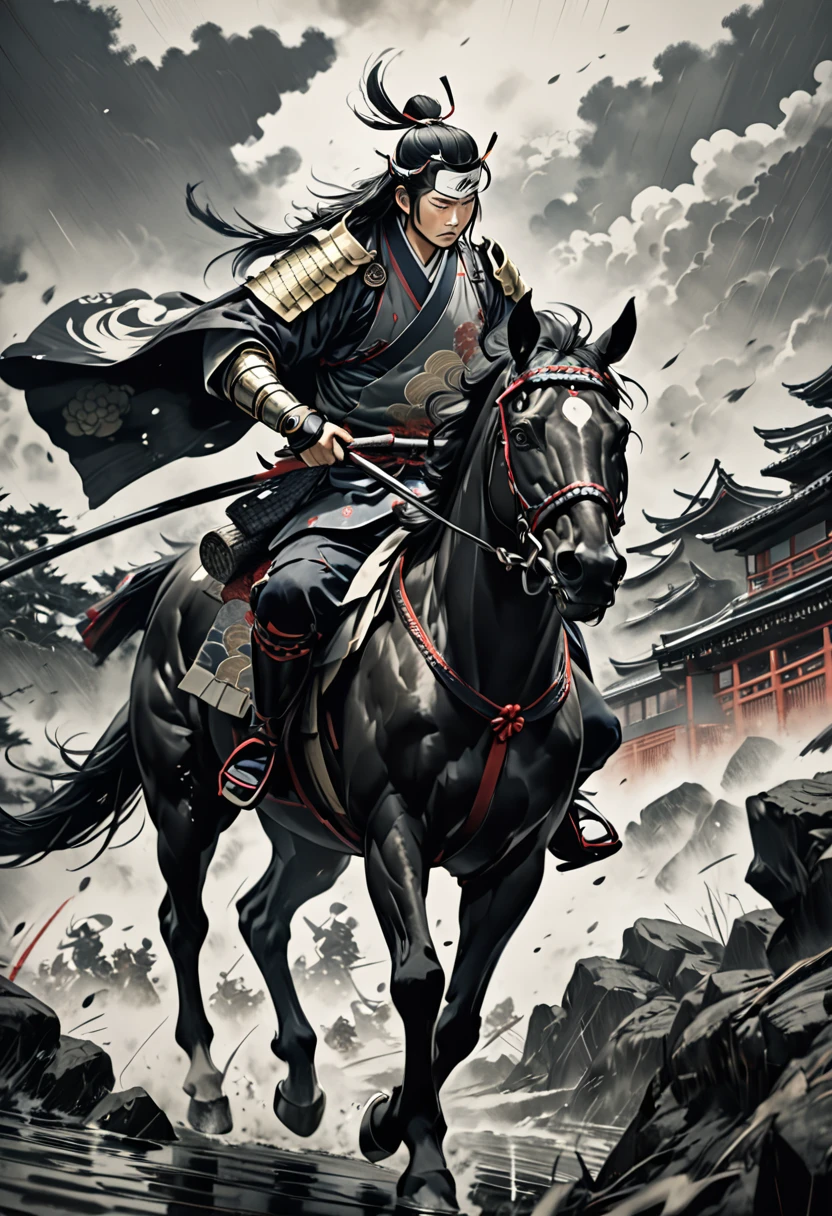 1 samurai warrior on a black horse, traditional japanese armor, fighting on a battlefield, stormy dark background, feudal japan, ukiyo-e style, ink wash painting, calligraphic brushstrokes, muted color palette, dramatic atmosphere, gritty, (best quality,4k,8k,highres,masterpiece:1.2),ultra-detailed,(realistic,photorealistic,photo-realistic:1.37)