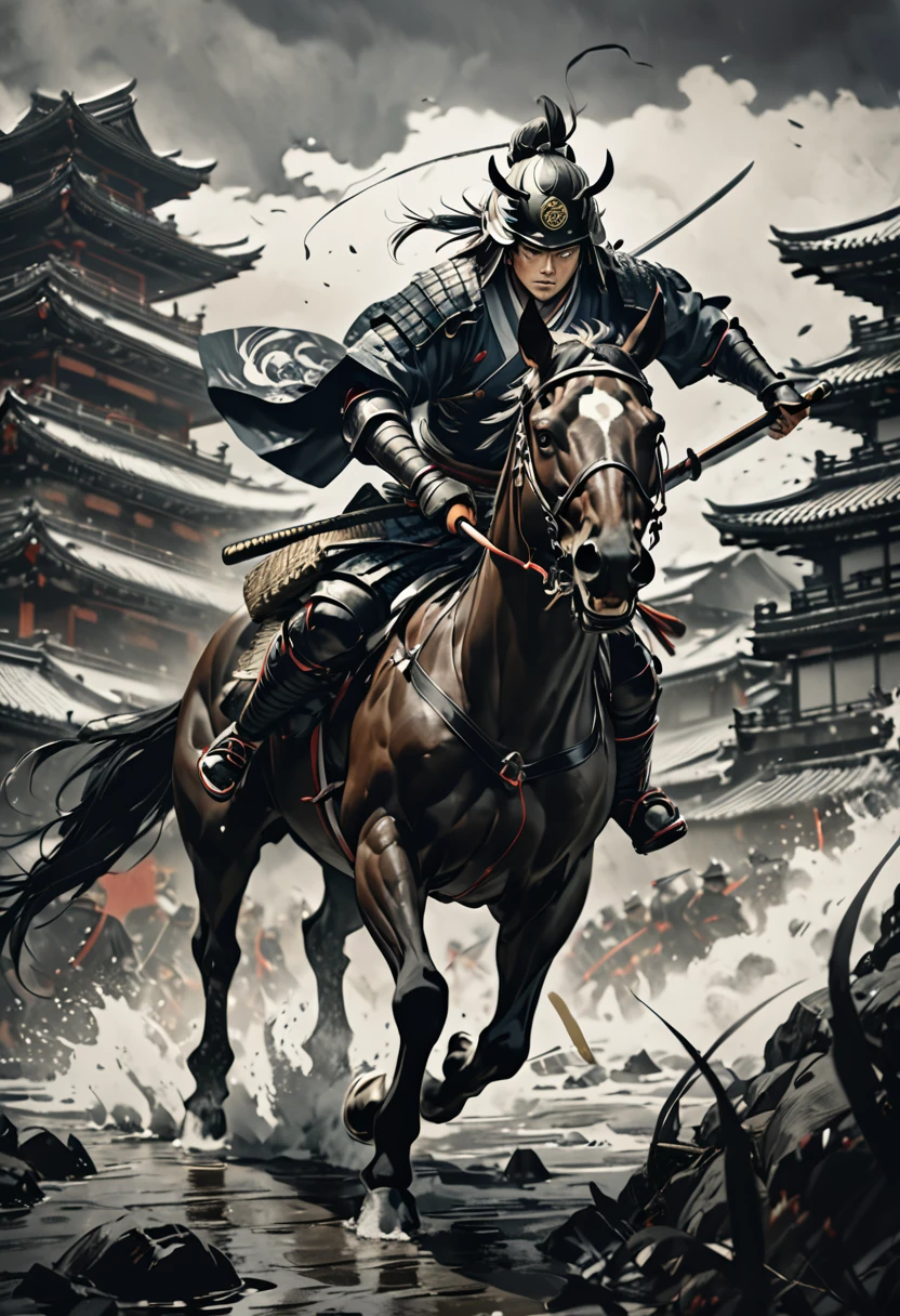 1 samurai warrior on a black horse, traditional japanese armor, fighting on a battlefield, stormy dark background, feudal japan, ukiyo-e style, ink wash painting, calligraphic brushstrokes, muted color palette, dramatic atmosphere, gritty, (best quality,4k,8k,highres,masterpiece:1.2),ultra-detailed,(realistic,photorealistic,photo-realistic:1.37)