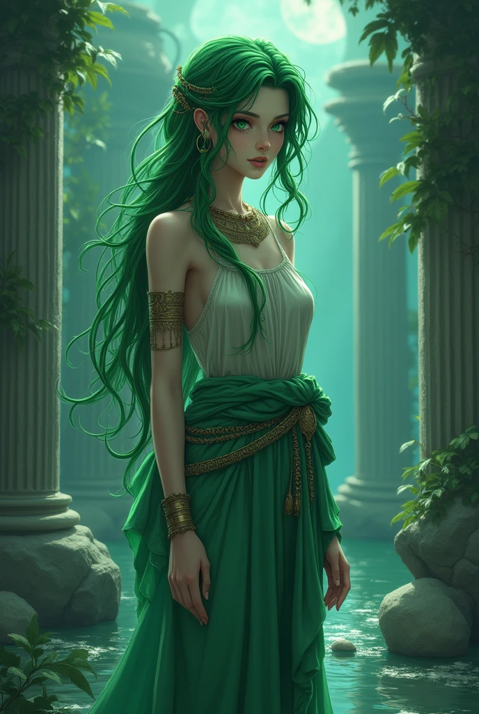 beautiful adult woman with green hair and green eyes, with ancient Greek clothing in anime style in the Greek Underworld located on the Cocytus River 
