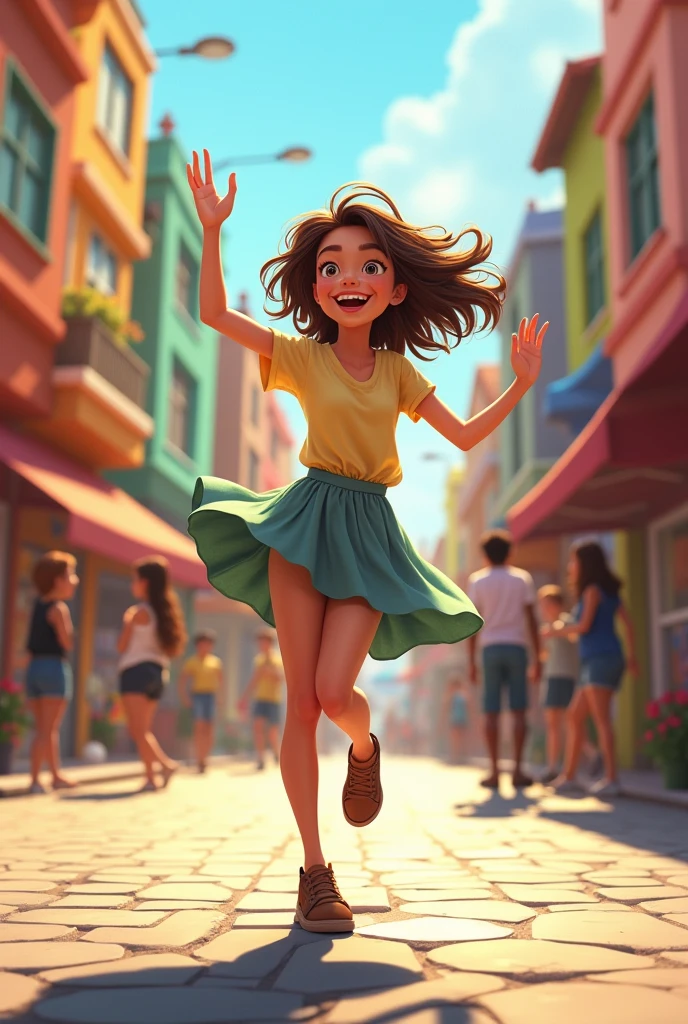 Girl dance in street with clothes