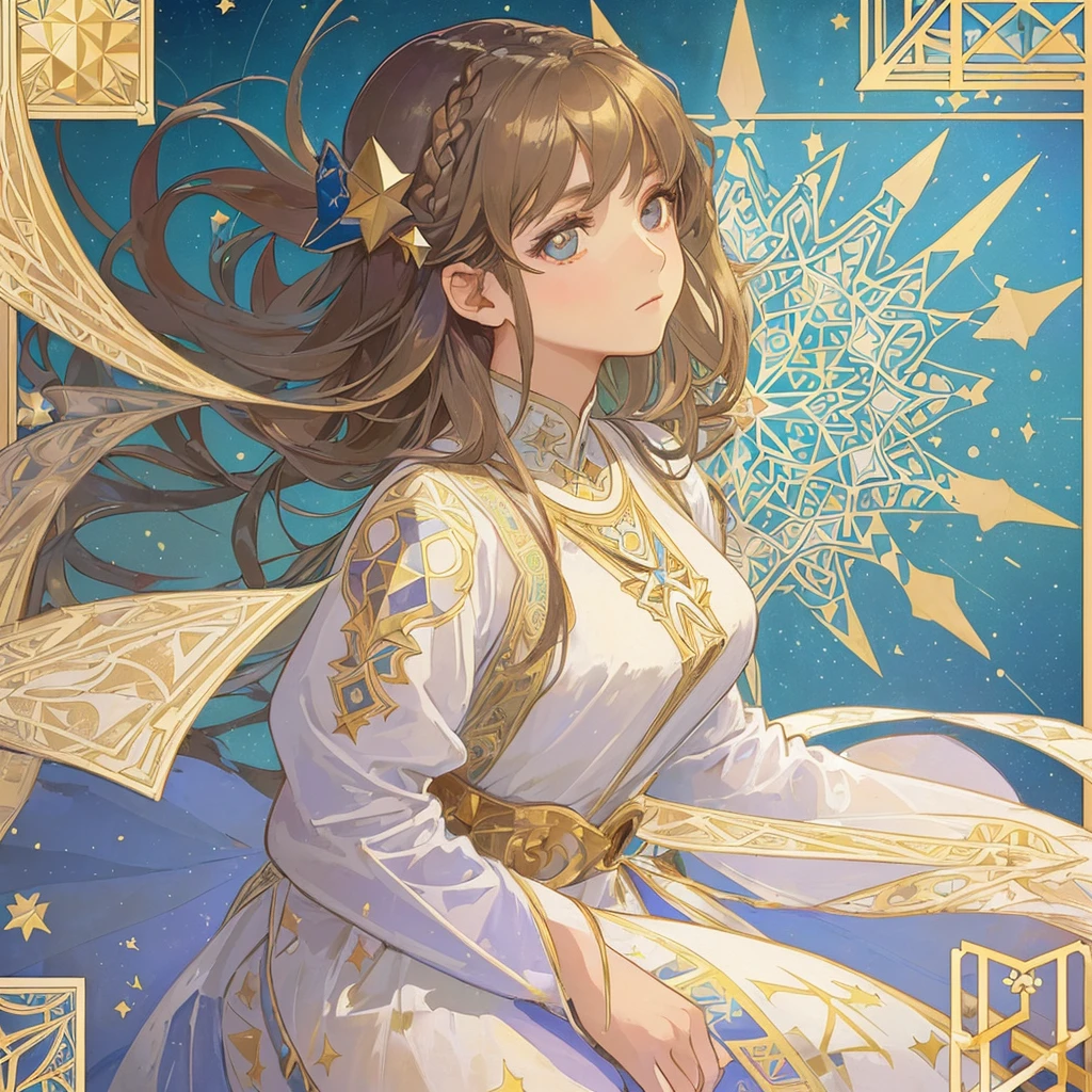 1 girl, (masterpiece, highest quality, highest quality, beautiful and aesthetic: 1.2), (1 girl: 1.3), delicate clothing, square picture frame, ((face)), sharp pupils, cool face, Alphonse Mucha's, Traditional Arab dress, color hairstyle, Ultra-detailed, Soft Light, Gentle colors, solo, dynamic, (((geometric star patterns in the background)))