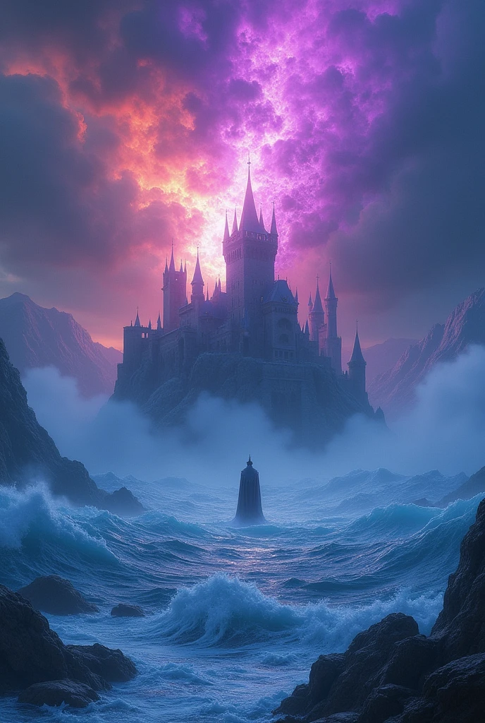 a stormy blue ocean was slowly freezing by the unknown forces, the sky was mirroring the ocean but in contradiction it was ablaze by the hellish violet flames, amidst the chaos a castle stood proudly still. The scenery screams a cataclysmic awakening of an unknown forces.