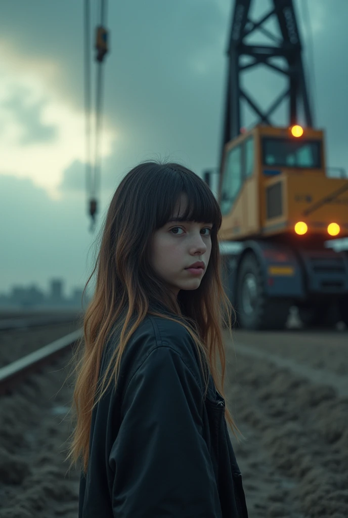 masterpiece, top quality, Very detailed, unity wallpaper 8k, (mounting a crane truck), firmament, girl 1 person, Heavy machinery, ombre hair, hair between the eyes, He drowned, AGE: 16, looking back, pretty face, white,