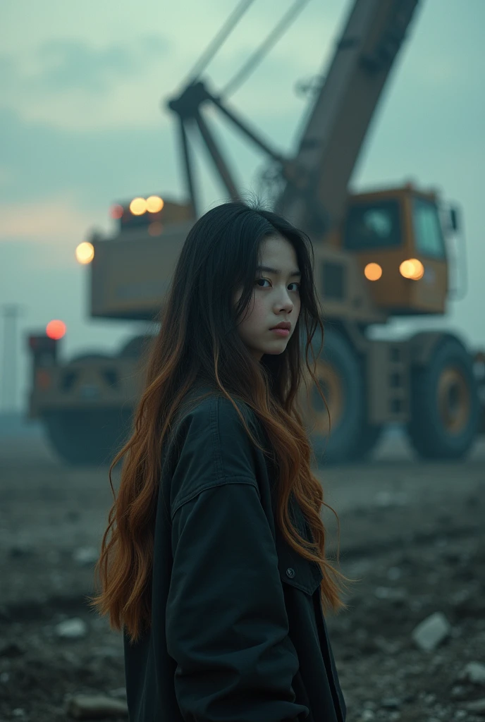 masterpiece, top quality, Very detailed, unity wallpaper 8k, (mounting a crane truck), firmament, girl 1 person, Heavy machinery, ombre hair, hair between the eyes, He drowned, AGE: 16, looking back, pretty face, white,