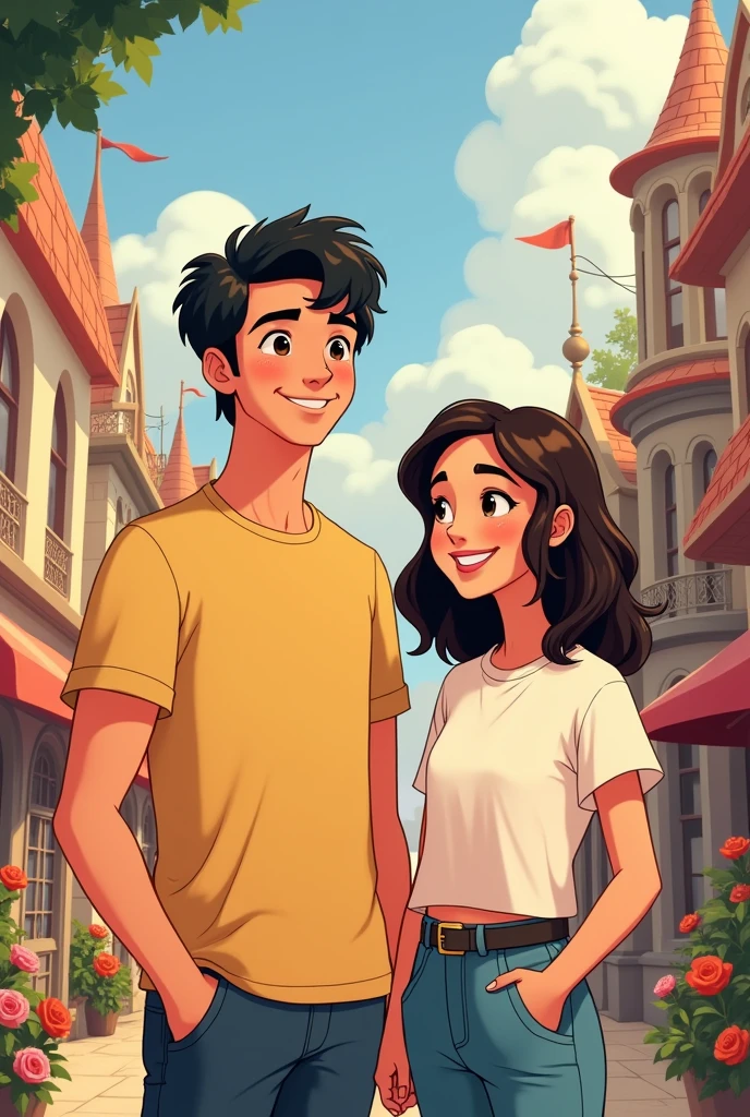 Animated Disney drawing of a young couple wearing t-shirts, a black-haired man and a dark-brown-haired woman with a Disney background and matching clothes
