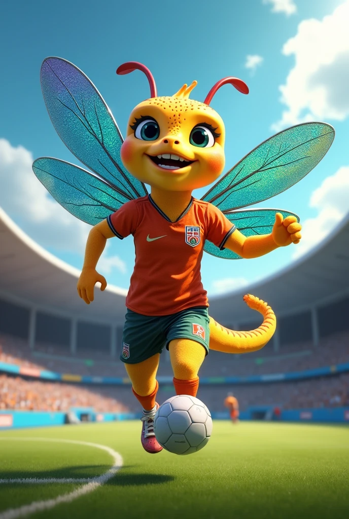 Olympic mascot that is a.dragonfly in football shirt