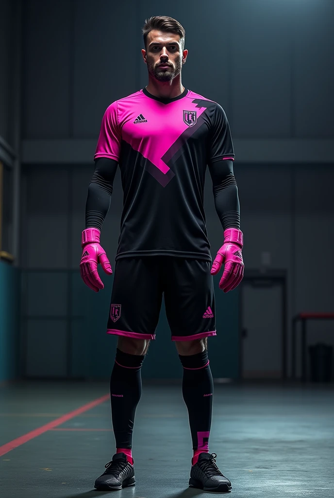 Futsal goalkeeper uniform design with long sleeves, part of the shirt in black with gradient fuchsia and triangular details in gradient fuchsia
