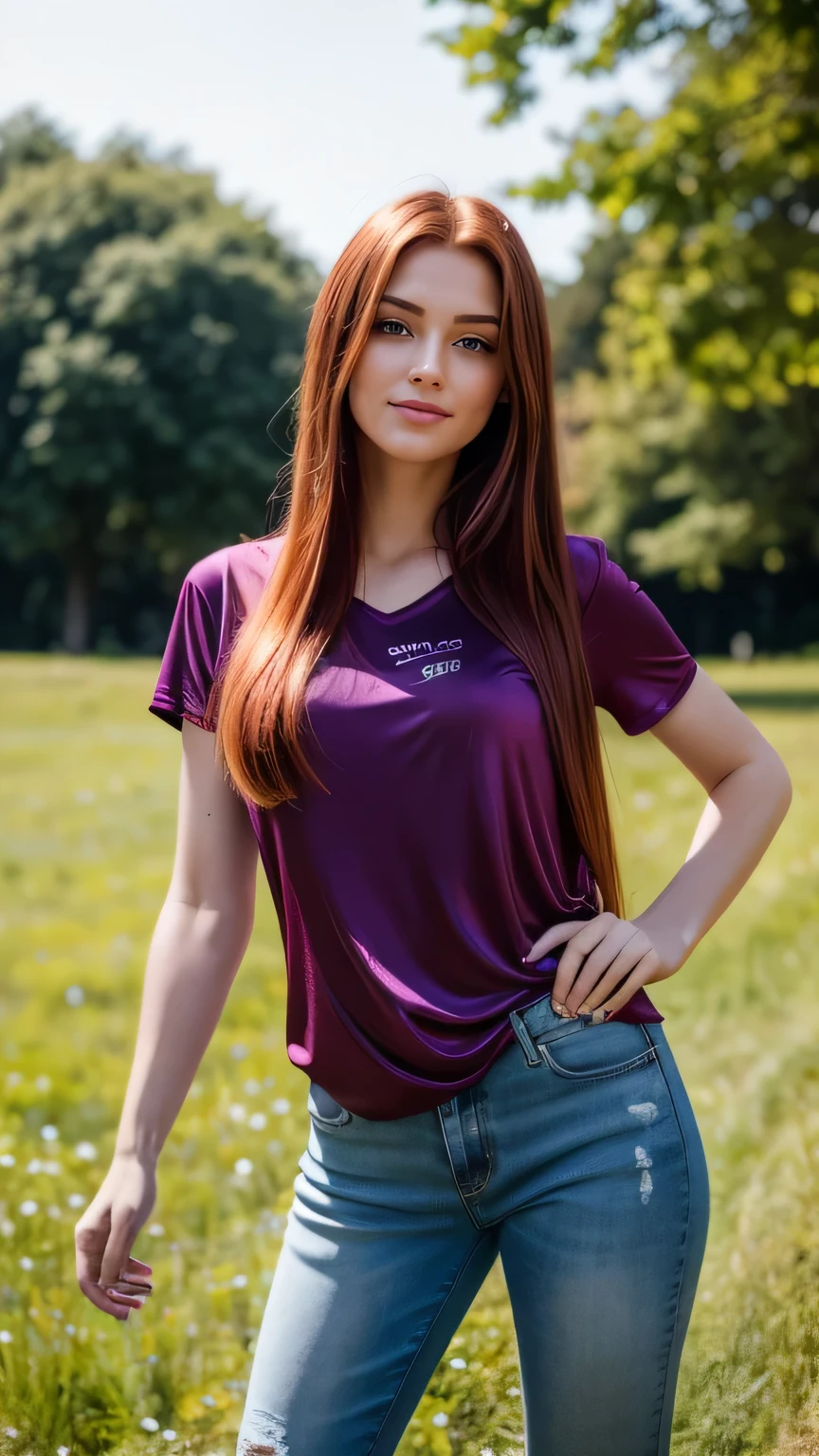 Realistic full body photo of a smiling, boy, red-haired woman with long hair, She dances in front of the camera in a purple silk T-shirt and a long, the meadow Jeans...., Park,glamour fotoshooting, Park, perfect anatomy, perfect green eyes. Perfect hands with 5 fingers on each hand, Matching girl, look into the camera, 1 Frau. (Eye make up:1.1), (highly detailed skin:1.1), spirit, analog style, keen focus, 8K UHD, dslr, good quality, Fujifilm XT3, Grain, Award-winning, masterpiece. Park