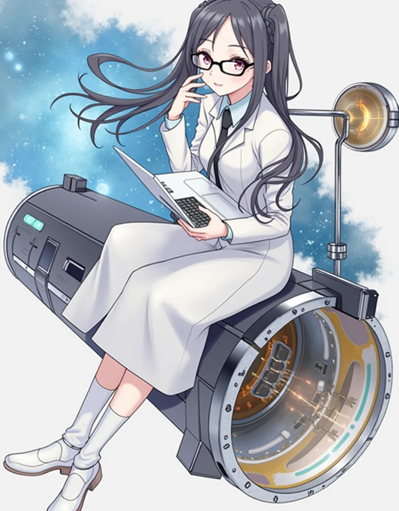 anime girl wearing glasses with ponytails sitting on machine with laptop and space in background, (ponytail forehead hair pulled back:1.3), (black hair:1.3), anime girl of the future, alchemist girl, labcoat, portrait anime space cadet girl,anime style, from girls frontline, fine details. girls frontline, girls frontline universe, girls frontline style, girls frontline, girls frontline cg, soft anime illustration, 2 0 2 2 anime style, 2022 anime style, pixiv contest winner, pretty anime character design, render of april Estimate