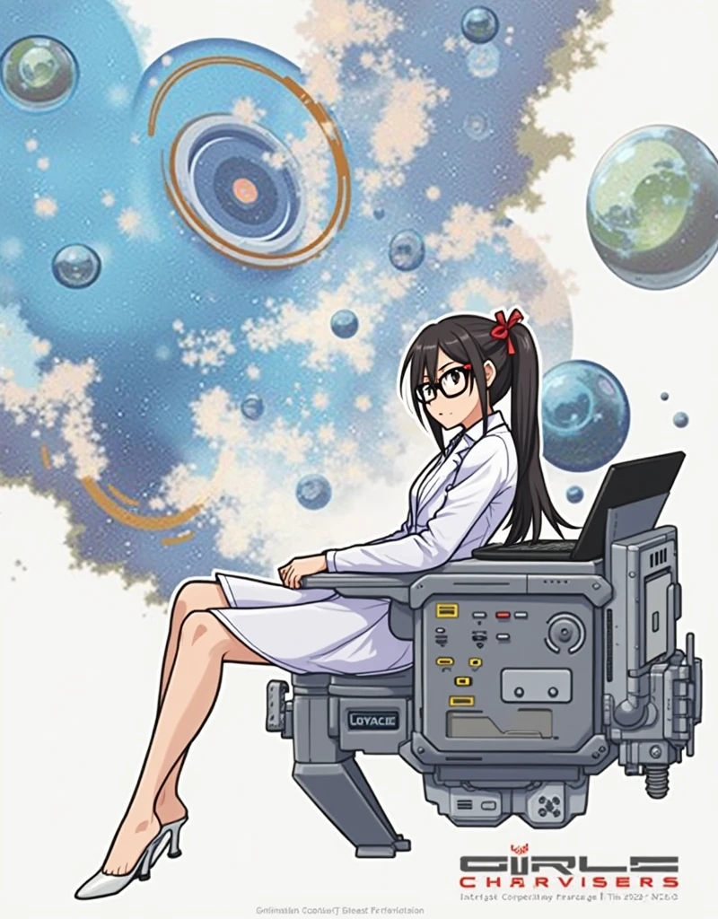 anime girl wearing glasses with ponytails sitting on machine with laptop and space in background, (ponytail forehead hair pulled back:1.3), (black hair:1.3), anime girl of the future, alchemist girl, labcoat, portrait anime space cadet girl,anime style, from girls frontline, fine details. girls frontline, girls frontline universe, girls frontline style, girls frontline, girls frontline cg, soft anime illustration, 2 0 2 2 anime style, 2022 anime style, pixiv contest winner, pretty anime character design, render of april Estimate
