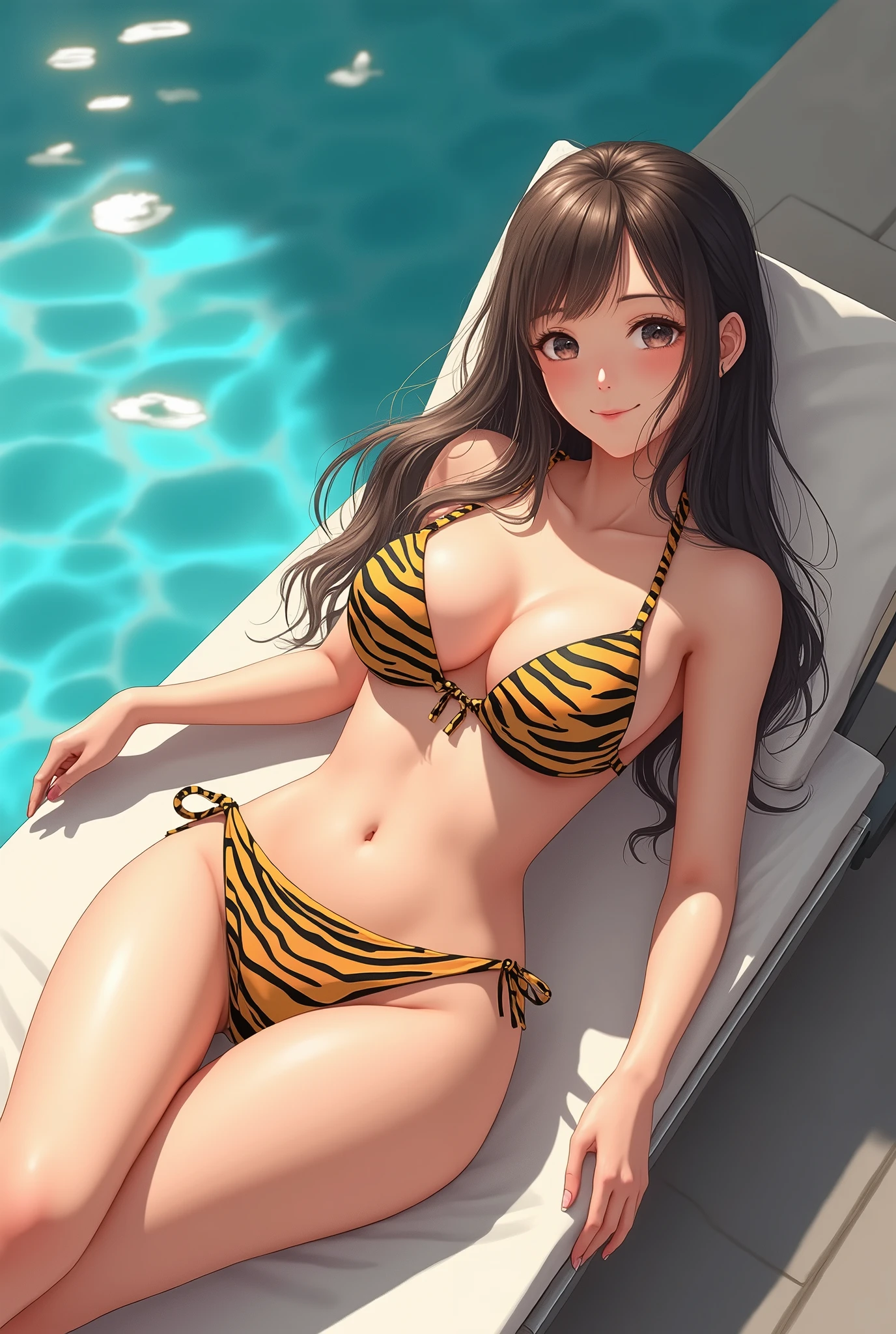 アイドルのようなSmall faceでとても可愛い顔、Small face、A young-looking 1 woman、Smiling Kindly、(((Tiger print bikini)))、((whole body))、Poolside、Lying in a recliner、Sunbathing、High level of artistry、Natural light、Highest quality