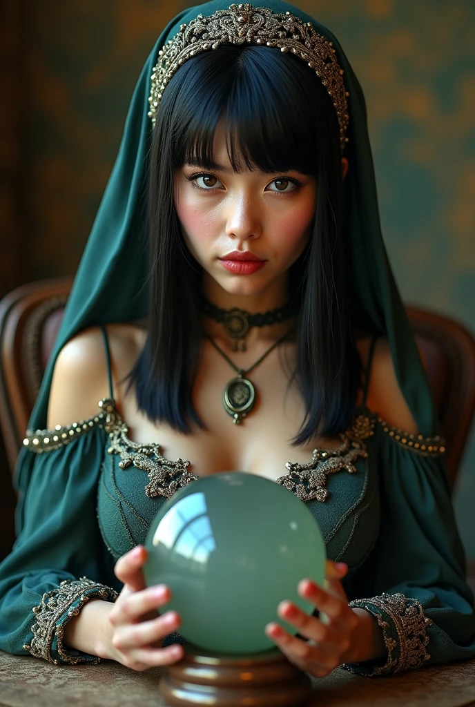woman, long straight black hair, medium bust, head cloth, dressed as a card fortune teller, crystal ball, gypsy, looking at the camera, photorealistic