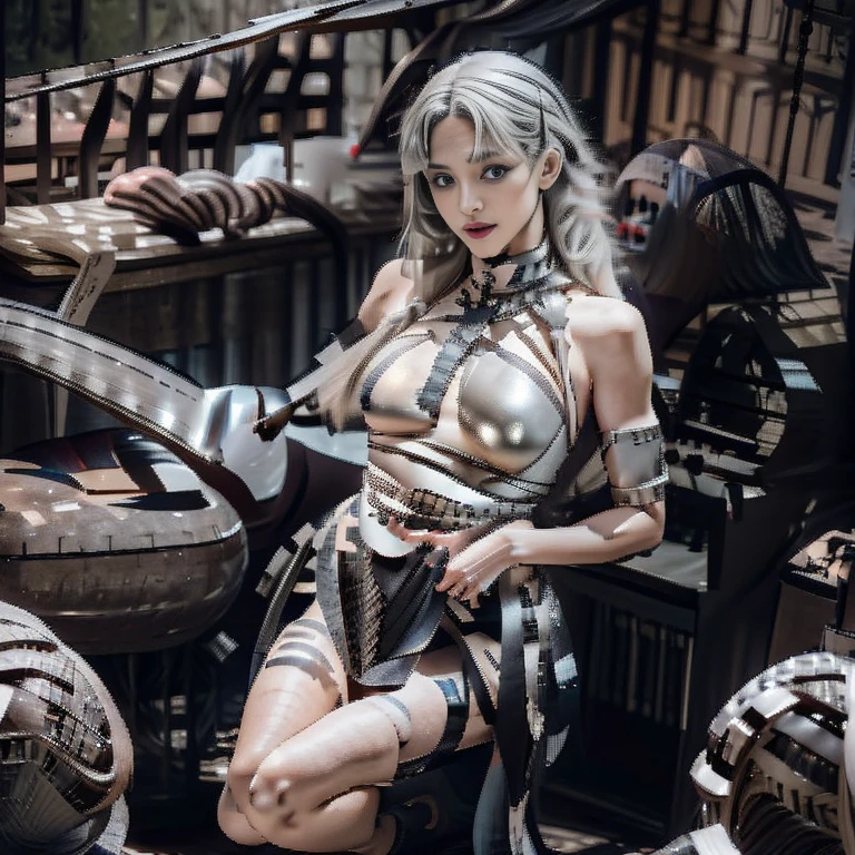 (spread their legs)、Ultra-detailed 8K CG、BDSM、Bigchest、Perfect female body、Ball plugs、sitted、Tie wrists、bondage suit、(((Torture chair)))、 (dressed in a slave's bra with chains), ((breasts covered by sexy chainmail:1.45)), ((bondage made of chains: 1.44)), (leather shorts:1.2), ((Hyperrealism:1.3)), (depth of field), (focus sharpness:1.2), (1 European hot girl, 20 years old), with a perfect body, (perfect proportions), (((anatomically correct))), accurate textured skin, (extremely beautiful face, beautiful lips, beautiful eyes), intricate detail face, ((ultra detailed skin)), ((masterpiece (makeup:1.3), [[pink lipstick]], eyeliner)), ((Ultra quality, natural, fluffy platinium hair, medium length ((asymmetric hair, extremely detailed)), Whitens skin, slim face, beautiful cheekbones, slim belly, (narrow waist:1.25), small ass, (slim well-muscled body:1.3), (large full breasts:1.8), Underground room、(fastening restraints)、Ecstatic look, Very detailed face and skin textures