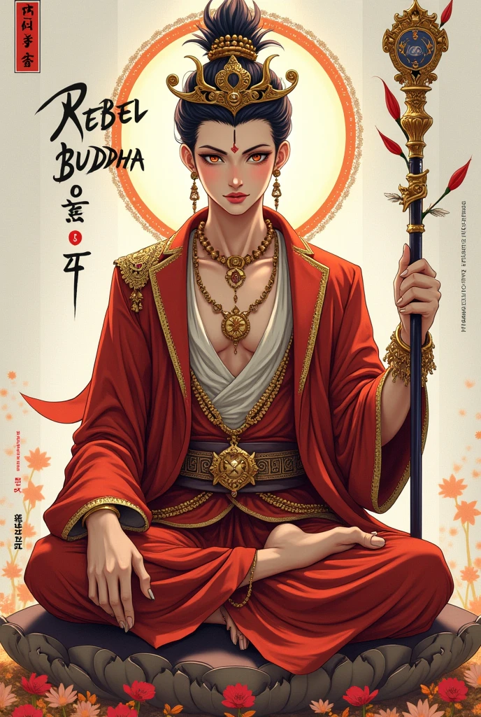 'Rebel Buddh', cover sayimg Rebel Buddha, Text saying " Rebel Buddha", Title saying "Rebel Buddha", Buddha,teenage adult, majestic, luxurious clothing, rebellious, cheeky, smart, staff, anime, novel cover