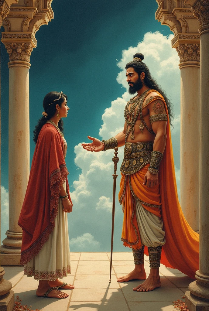 छवि संकेत: देवता विक्रमादित्य से पूछते हुए,ऐक पुरुष आपस मे बात करते हुए| विक्रमादित्य का आत्मविश्वासपूर्ण उत्तर देते हुए।