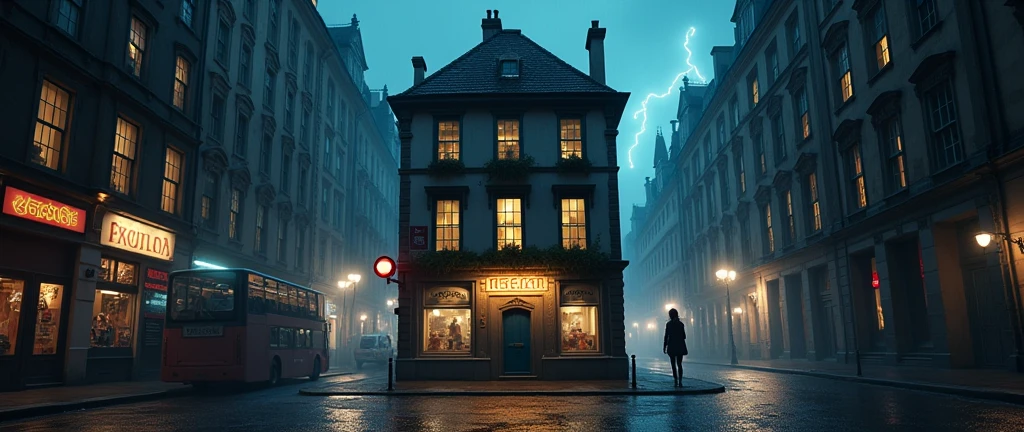 symmetrical image, old europe street, midnight, small hostel building, two floors, text says " HOSTEL BAIRON", hostel sandwitched beetween two high buildings, old london style, light rain, lightning, megapolis blurred lights on background, tourist bus driving away, girl standing close on right silloutte
