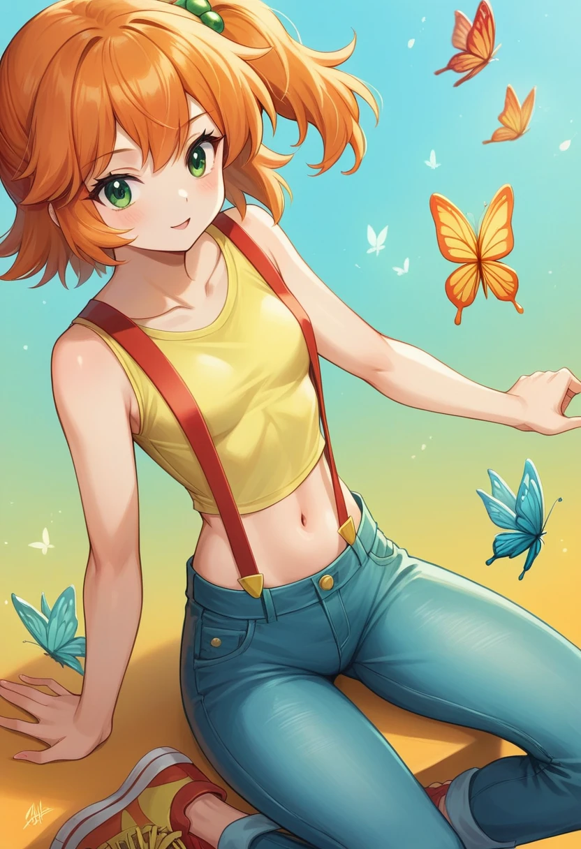 Wallpaper,masterpiece,High resolution,8K,
(Misty_Pokemon)
(Berry Short,Orange Hair,one side up hair,Big green eyes,Small breasts,Skinny)
(Yellow sleeveless T-shirt,Belly button exposed,Denim pants,Red suspenders,sneakers)
A Huge  butterfly, beautiful butterfree , simple background, colorful image, spring day,