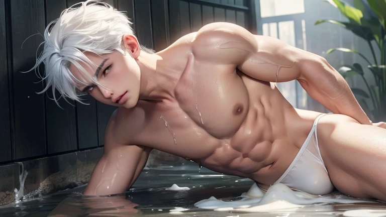 A young boy with white hair，fair skin，handsome，The triangle briefs are wet, so I took half of them off.，裸上半身Soaked in milk，Showing six-pack abs and chest muscles with water droplets on them，Soaked in milk，纖細長腿Soaked in milk，The bottom highlight is very large and dripping，Soaked in milk，Tilting their head back, they wore an expression of comfort.，Sticking out tongue，Lie on the ground with your hands on the floor，covered in milk，There&#39;s milk on your face too，身上Soaked in milk，Complete character，To the light，The light shines on the abdominal muscles，Two people hugging each other&#39;s waist，The characters are smaller